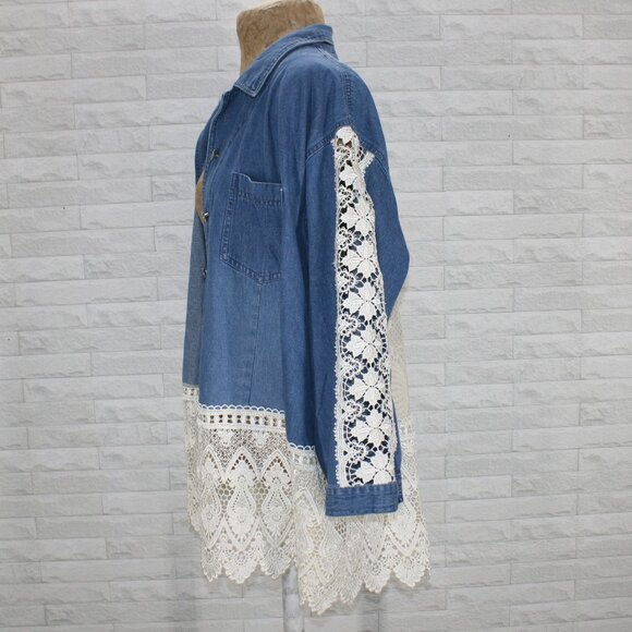 HAND CRAFTED Jacket Denim Blue Jean Upcycled Floral Vintage Cream Lace 2X - Picture 3 of 14